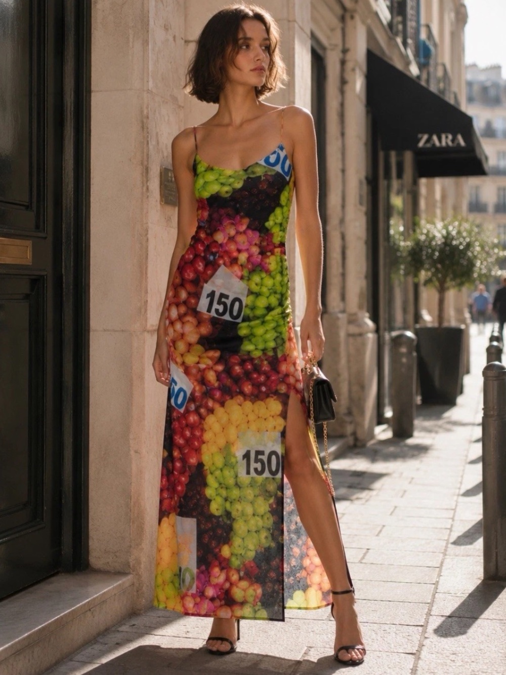 Zara Ruched Mesh Fruit Stand Strappy Maxi Fruit Market Maxi Dress Size Small